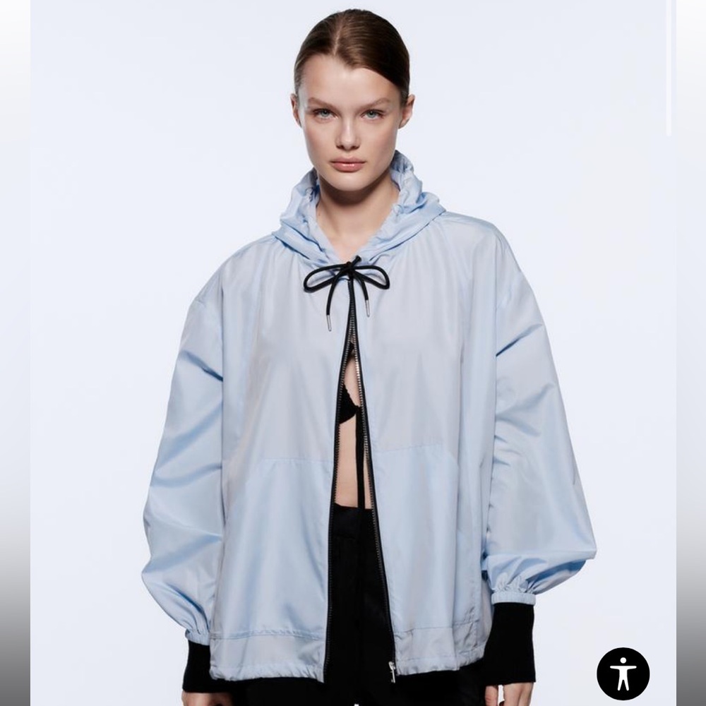 ZARA Blue Light Weight Hooded Windbreaker Jacket LARGE